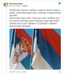 DODIK: Ponosan sam što se srpska trobojka danas vijori svuda gde živi srpski rod!