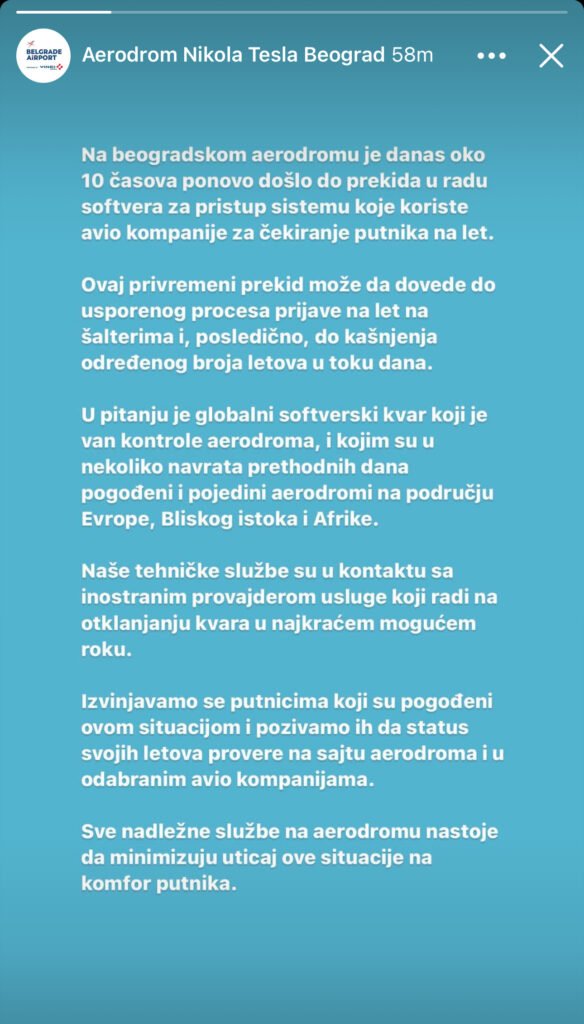 ZVANIČNO SAOPŠTENJE! “Na beogradskom aerodromu “Nikola Tesla” je danas oko 10 časova…” 