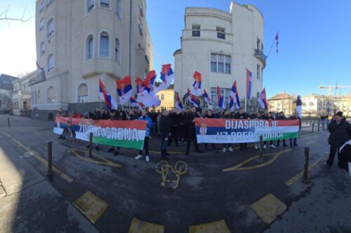 Podrška Vučiću iz Budimpešte: Vijorile se trobojke i natpisi "Živela Srbija", "Dijaspora je uz predsednika" Podrška iz makedonije foto:24.sedam