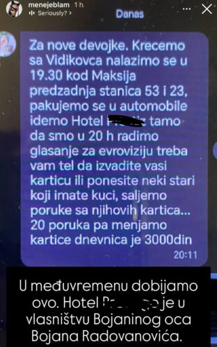 “DNEVNICA 3.000 DINARA! Šaljemo 20 poruka pa menjamo kartice” Isplivale PRIVATNE PREPISKE organizovanog glasanja za PZE 2025.  Bojana radovanović foto:instagram: menejeblam