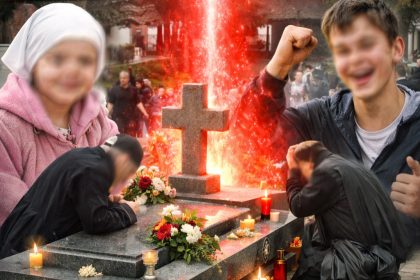 Foto: Ilustracija prikazuje grob patrijarha Pavla u manastiru Rakovica, sa simboličnim prikazom crvene svetlosti i vernika na molitvi